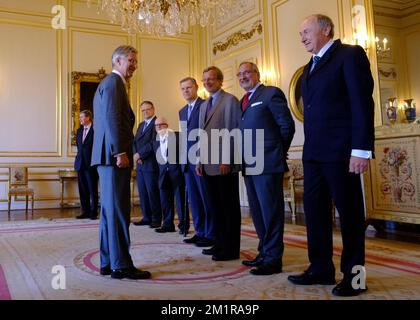 L-R, King Philippe - Filip of Belgium, Constitutional court chairman Marc Bossuyt, Constitutional court chairman Jean Spreutels, First President of the higher court (Cassation - Cassatie), Etienne Goethals, General prosecutor to the higher court (cassation - cassatie), Jean-Francois Leclercq, First President of State council, Robert Andersen, General auditor of State Council, Philippe Bouvier, First President of the Audit Office ( Cour des Comptes - Rekenhof ), Philippe Roland and President of the Audit Office ( Cour des Comptes - Rekenhof ), Ignace Desomer pictured during a visit of the high  Stock Photo