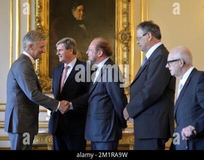 L-R, King Philippe - Filip of Belgium, Constitutional court chairman Marc Bossuyt, Constitutional court chairman Jean Spreutels, First President of the higher court (Cassation - Cassatie), Etienne Goethals and General prosecutor to the higher court (cassation - cassatie), Jean-Francois Leclercq pictured during a visit of the Audit office (Cour des Comptes - Rekenhof) to the new King at the Royal Palace in Brussels, Monday 22 July 2013. Yesterday King Albert II abdicated the throne in favour of his son, the new King Philippe - Filip.  Stock Photo