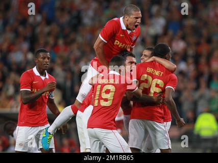 PSV's Joshua Brenet and PSV's Zakaria Bakkali celebrate during a first leg of the third qualifying round of Champions League between Dutch soccer team PSV Eindhoven and Belgian First Division soccer team Zulte Waregem in Eindhoven, Netherlands, Tuesday 30 July 2013.  Stock Photo