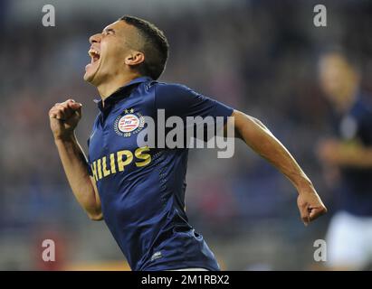 PSV's Zakaria Bakkali celebrates after scoring during the return leg of the third qualifying round of the Champions League between Belgian First Division soccer team Zulte Waregem and Dutch soccer team PSV Eindhoven at the Constant Vanden Stock stadium in Brussels, Wednesday 07 August 2013.  Stock Photo