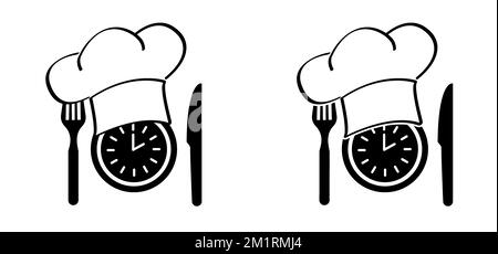 Dinner time, clock. Plate, fork, knife icon. Food symbol for bar, cafe, hotel concept. Eating icon in black. Ready to eat healthy food. Vector logo si Stock Photo