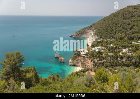 Faraglioni di Baia delle Zagare rocks with beaches and coastline, near Mattinata, Gargano peninsula, Foggia province, Puglia, Italy, Europe Stock Photo