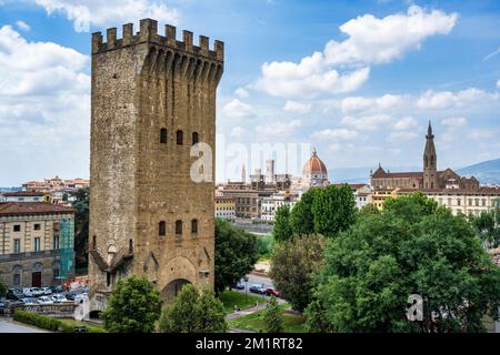 Porta San Niccolò, 14th century city gate, from Viale Giuseppe Poggi in Florence, Tuscany, Italy Stock Photo