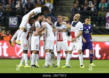20131023 - BRUSSELS, BELGIUM: PSG's Blaise Matuidi, PSG's Thiago Motta, PSG's Zlatan Ibrahimovic and PSG's Edinson Cavani celebrate after scoring during a soccer game between Belgian team RSC Anderlecht and French team PSG (Paris Saint-Germain), the third match in Group C of the Champions League Group stage, Wednesday 23 October 2013 in Brussels. BELGA PHOTO LAURIE DIEFFEMBACQ Stock Photo