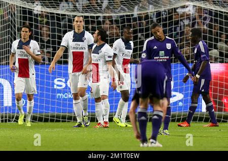 20131023 - BRUSSELS, BELGIUM: PSG's Zlatan Ibrahimovic celebrates after scoring during a soccer game between Belgian team RSC Anderlecht and French team PSG (Paris Saint-Germain), the third match in Group C of the Champions League Group stage, Wednesday 23 October 2013 in Brussels. BELGA PHOTO VIRGINIE LEFOUR Stock Photo