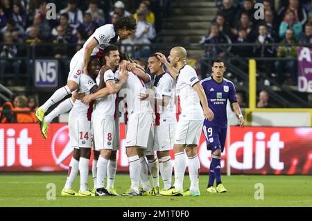20131023 - BRUSSELS, BELGIUM: PSG's Blaise Matuidi, PSG's Edinson Cavani, PSG's Zlatan Ibrahimovic and PSG's Thiago Motta celebrate after scoring during a soccer game between Belgian team RSC Anderlecht and French team PSG (Paris Saint-Germain), the third match in Group C of the Champions League Group stage, Wednesday 23 October 2013 in Brussels. BELGA PHOTO LAURIE DIEFFEMBACQ Stock Photo