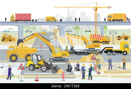 Road construction and bridges Construction site with builders, illustration Stock Vector