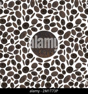 Seamless pattern of pu-erh tea cakes isolated on white background. Stock Photo