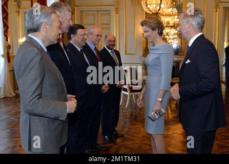 20140110 - BRUSSELS, BELGIUM: Vice-Prime Minister and Foreign Minister Didier Reynders, Vice-Minister and Defence Minister Pieter De Crem, Commission Chairman Jose Manuel Barroso, European Council President Herman Van Rompuy, European Parliament President Martin Schulz, Queen Mathilde of Belgium and King Philippe - Filip of Belgium meet at a reception of the Royal family for several representatives of European Union, at the Royal Palace, in Brussels, Friday 10 January 2014. BELGA PHOTO ERIC LALMAND