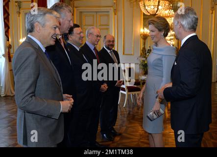 20140110 - BRUSSELS, BELGIUM: Vice-Prime Minister and Foreign Minister Didier Reynders, Vice-Minister and Defence Minister Pieter De Crem, Commission Chairman Jose Manuel Barroso, European Council President Herman Van Rompuy, European Parliament President Martin Schulz, Queen Mathilde of Belgium and King Philippe - Filip of Belgium meet at a reception of the Royal family for several representatives of European Union, at the Royal Palace, in Brussels, Friday 10 January 2014. BELGA PHOTO ERIC LALMAND
