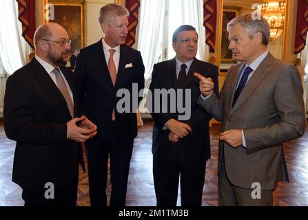 20140110 - BRUSSELS, BELGIUM: European Parliament President Martin Schulz, Vice-Minister and Defence Minister Pieter De Crem, Commission Chairman Jose Manuel Barroso and Vice-Prime Minister and Foreign Minister Didier Reynders pictured during a reception of the Royal family for several representatives of European Union, at the Royal Palace, in Brussels, Friday 10 January 2014. BELGA PHOTO ERIC LALMAND