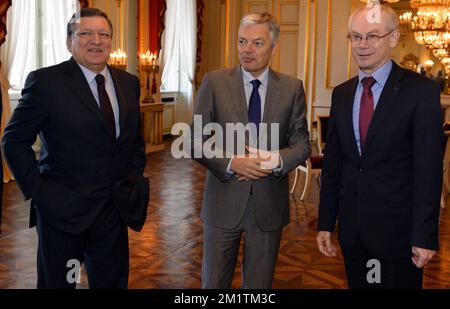 20140110 - BRUSSELS, BELGIUM: Commission Chairman Jose Manuel Barroso, Vice-Prime Minister and Foreign Minister Didier Reynders and European Council President Herman Van Rompuy pictured during a reception of the Royal family for several representatives of European Union, at the Royal Palace, in Brussels, Friday 10 January 2014. BELGA PHOTO ERIC LALMAND