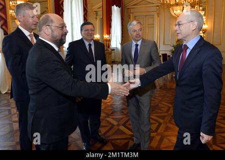 20140110 - BRUSSELS, BELGIUM: (L-R) Vice-Minister and Defence Minister Pieter De Crem, European Parliament President Martin Schulz, Commission Chairman Jose Manuel Barroso, Vice-Prime Minister and Foreign Minister Didier Reynders and European Council President Herman Van Rompuy meet during a reception of the Royal family for several representatives of European Union, at the Royal Palace, in Brussels, Friday 10 January 2014. BELGA PHOTO ERIC LALMAND