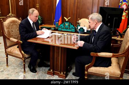 Moscow, Russia. 12th Dec, 2022. Russian President Vladimir Putin holds a face-to-face meeting with Constitutional Court Chairman Valery Zorkin, right, at the Kremlin, December 12, 2022 in Moscow, Russia. Credit: Mikhail Metzel/Kremlin Pool/Alamy Live News Stock Photo