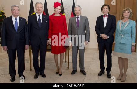 20140217 - BERLIN, GERMANY: German President Joachim Gauck, King Philippe - Filip of Belgium, Queen Mathilde of Belgium, Vice-Prime Minister and Foreign Minister Didier Reynders, Prime Minister Elio Di Rupo and Partner of German President Joachim Gauck, Daniela Schadt pictured during the official visit abroad of the new Belgian King and Queen, to Berlin, the capital of Germany, on Monday 17 February 2014. BELGA PHOTO BENOIT DOPPAGNE Stock Photo