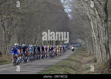 20140311 - MAGNY-COURS, FRANCE: Illustration picture shows the pack of cyclists during the third stage of the 72nd edition of Paris-Nice cycling race, 180km from Toucy to Circuit de Nevers Magny-Cours, Tuesday 11 March 2014.  Stock Photo