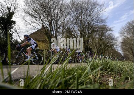 20140311 - MAGNY-COURS, FRANCE: Illustration picture shows the pack of cyclists during the third stage of the 72nd edition of Paris-Nice cycling race, 180km from Toucy to Circuit de Nevers Magny-Cours, Tuesday 11 March 2014.  Stock Photo