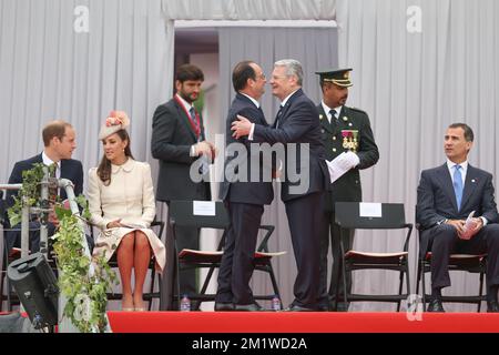 Britain's Prince William, The Duke of Cambridge , Britain's Catherine (Kate), Duchess of Cambridge, French President Francois Hollande, German President Joachim Gauck and Spanish King Felipe VI seen at a ceremony at the memorial interallied in Cointe, for the 100th anniversary of the First World War, Monday 04 August 2014, Liege. BELGA PHOTO BRUNO FAHY Stock Photo