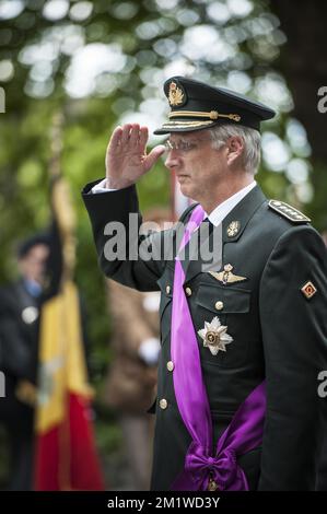King Philippe - Filip of Belgium pictured during a commemorative service for the 100th anniversary of the First World War, Sunday 03 August 2014, at the Fort de Loncin in Ans.  Stock Photo