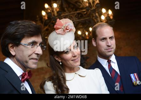 Outgoing Belgian Prime Minister Elio Di Rupo, Britain's Catherine (Kate), Duchess of Cambridge and Britain's Prince William, The Duke of Cambridge  pictured at Mons city hall, ahead of commemoration in Saint-Symphorien cemetery, part of the 100th anniversary of the First World War, Monday 04 August 2014.   Stock Photo