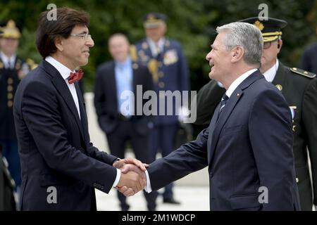 Outgoing Belgian Prime Minister Elio Di Rupo and German President Joachim Gauck pictured at a ceremony at the memorial interallied in Cointe, for the 100th anniversary of the First World War, Monday 04 August 2014, Liege.   Stock Photo