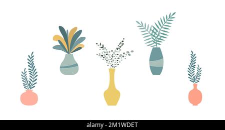 Set of cute Flowers and plants in vases. House plants in vases. Stock Vector