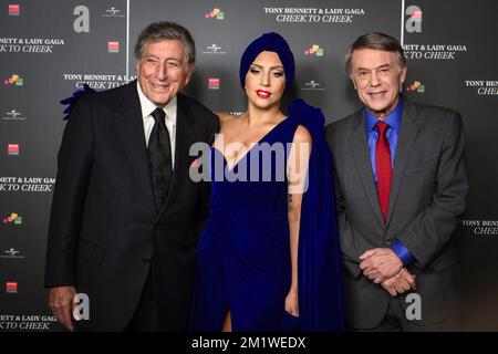 US singer Tony Bennett, US singer Lady gaga and singer Salvatore Adamo pictured after a press conference with Lady Gaga and Tony Bennett in Brussels city hall regarding the shooting of a video on Brussels Grand-Place Grote Markt, Monday 22 September 2014.  Stock Photo
