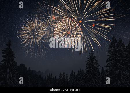 Golden beautiful fireworks explode in the starry sky on New Year's Eve 2023. Holiday and celebration. Fireworks in the amazing winter forest. New Year Stock Photo
