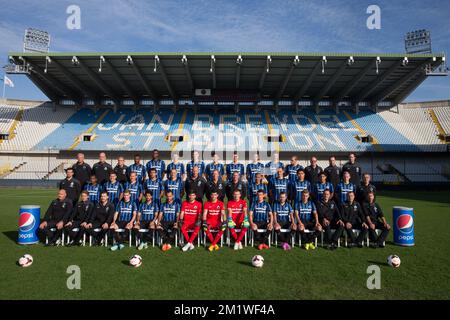 (upper row L-R) Pascal Plovie, Tuur Dierckx, warehouse man Herman Brughmans, Boli Bolingoli Mbombo, Obbi Oulare, Davy De Fauw, Bjorn Engels, Oscar Duarte, Brandon Mechele, assistant coach Stan Van den Buijs, Thomas Meunier, Laurens De Bock, physiotherapist Dimi Dobbenie, physiotherapist Valentijn Deneulin, physiotherapist Jan Van Damme, (middle row L-R) video analyst Mario Ballegeer, Jose Izquierdo, Nicolas Castillo, Rudy Ruud Vormer, Fernando Menegazzo,Timmy Simons, assistant coach Philippe Clement, head coach Michel Preud'homme, assistant coach Stephan Van der Heyden, Andres Francisco Silva, Stock Photo