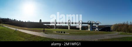 Panorama shot of the Falkirk wheel for lifting canal boats. Stock Photo