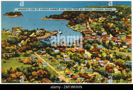 Birdseye view of Camden Harbor and town from Mt. Battie, Camden, Maine , Cities & towns, Harbors, Tichnor Brothers Collection, postcards of the United States Stock Photo