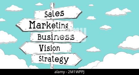 Sales, marketing, business, vision - wooden signpost with four arrows ...