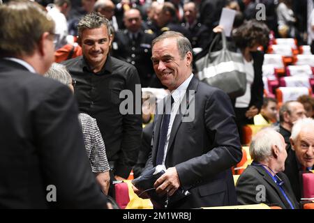 20141021 - PARIS, FRANCE: Richard Virenque and Bernard Hinault pictured during the official presentation of the 2015 cycling classic Tour de France route, Tuesday 21 October 2014, in Paris, France. BELGA PHOTO FRED PORCU Stock Photo