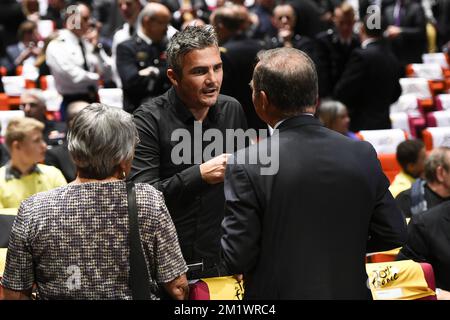 20141021 - PARIS, FRANCE: Richard Virenque and Bernard Hinault pictured during the official presentation of the 2015 cycling classic Tour de France route, Tuesday 21 October 2014, in Paris, France. BELGA PHOTO FRED PORCU Stock Photo