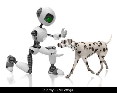 A humanoid robot plays with a Dalmatian dog. Future concept with smart robotics and artificial intelligence. 3D render on a white background. Stock Photo