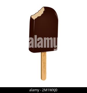 Bitten chocolate popsicle on a wooden stick. Ice cream in chocolate glaze. Frozen product sweet food. Realistic 3D food poster. Vector illustration. Stock Vector