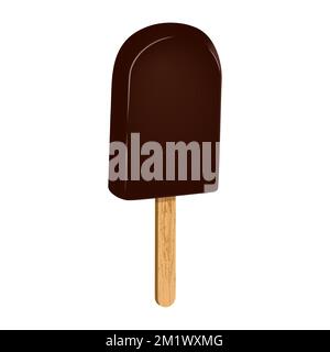 Ice cream in chocolate glaze on a wooden stick. Popsicle chocolate ice cream. Frozen product sweet food. Realistic 3D food poster. Vector illustration Stock Vector