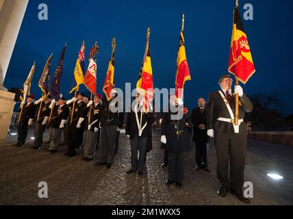 FOR EDITORIAL USE ONLY. NOT FOR SALE, MARKETING NOR ADVERTISING CAMPAIGNS. 20141028 - IEPER, BELGIUM: Illustration picture taken during the 'Last Post' ceremony at the Menenpoort in Ieper, Tuesday 28 October 2014. The 100th anniversary of the 'First Battle of Ypres' during the First World War is being commemorated today, it lasted from 19 October 1914 to 22 November 1914.  BELGA PHOTO HANDOUT MANDATORY CREDIT CHANCELLERIE DU PREMIER - KANSELARIJ VAN DE PREMIER - BENOIT DOPPAGNE Stock Photo