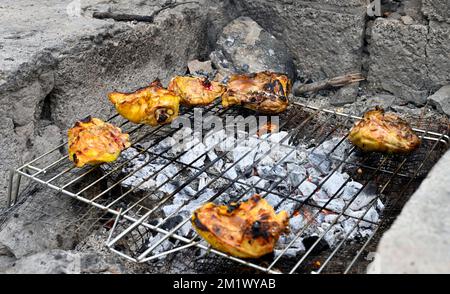 Chicken pieces cooking on barbecue wood fire underneath Stock Photo