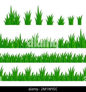 Set of bunches, bushes, seamless borders of green grass on a white background. Cartoon green grass and herbal borders. Vector illustration. Stock Vector