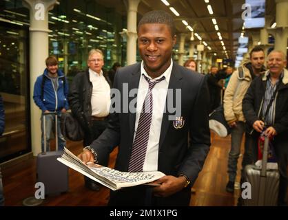 Anderlecht's Chancel Mbemba pictured at the departure of Belgian soccer team RSCA Anderlecht in St Pancras Station, London, Wednesday 05 November 2014. Yesterday Anderlecht was playing English team Arsenal in the fourth day of the group stage of the UEFA Champions League competition, in the group D. Arsenal led 3-0 before a nice come back of Sporting to a draw result 3-3.  BELGA PHOTO VIRGINIE LEFOUR Stock Photo