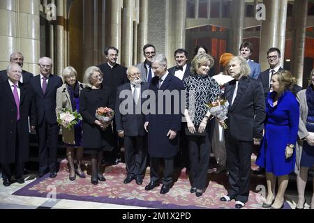20141109 - BRUSSELS, BELGIUM: Minister of State Mark Eyskens, European Council President Herman Van Rompuy, Andres Mustonen, King Philippe - Filip of Belgium and Queen Mathilde of Belgium pictured at a royal visit to the '1000 Voices for Peace' concert to commemorate World War I, Sunday 09 November 2014 in Brussels. BELGA PHOTO NICOLAS MAETERLINCK
