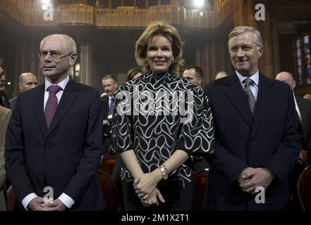20141109 - BRUSSELS, BELGIUM: Herman Van Rompuy, Queen Mathilde of Belgium and King Philippe - Filip of Belgium pictured during a royal visit to the '1000 Voices for Peace' concert to commemorate World War I, Sunday 09 November 2014 in Brussels. BELGA PHOTO NICOLAS MAETERLINCK