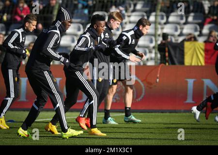 20141111 - BRUSSELS, BELGIUM: Denis Praet, Belgium's Christian Benteke, Belgium's Divock Origi, Belgium's Kevin De Bruyne and Belgium's Jan Vertonghen pictured during a training session of Belgian national soccer team Red Devils, Tuesday 11 November 2014. Belgium will play a friendly match against Iceland on Wednesday and its third game of the Euro 2016 qualification, against Wales on Sunday. BELGA PHOTO VIRGINIE LEFOUR Stock Photo