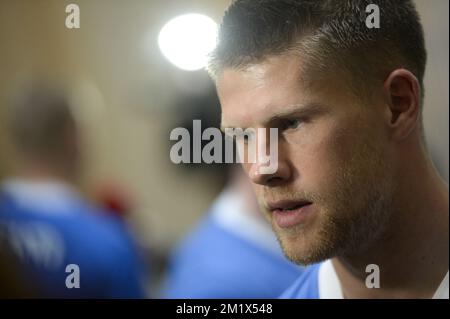 20141111 - BRUSSELS, BELGIUM: Johann Berg Gudmundsson pictured during a press conference of Iceland's national soccer team, in Brussels, Tuesday 11 November 2014. Iceland will play on Wednesday a friendly game against Belgian national soccer team Red Devils. BELGA PHOTO LAURIE DIEFFEMBACQ Stock Photo