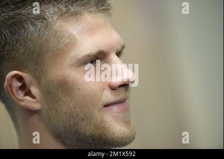 20141111 - BRUSSELS, BELGIUM: Johann Berg Gudmundsson pictured during a press conference of Iceland's national soccer team, in Brussels, Tuesday 11 November 2014. Iceland will play on Wednesday a friendly game against Belgian national soccer team Red Devils. BELGA PHOTO LAURIE DIEFFEMBACQ Stock Photo