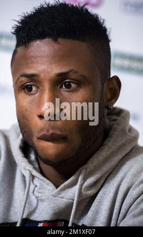 20150203 - LIEGE, BELGIUM: Standard's new player Imoh Ezekiel pictured during a press conference of Belgian first division soccer team Standard de Liege to present a new player, Tuesday 03 February 2015, in Liege. Nigerian attacker Imoh Ezekiel is coming over on loan from Qatari club Al-Arabi, he already played for Standard from 2011 to 2014. BELGA PHOTO LAURIE DIEFFEMBACQ Stock Photo