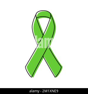 Awareness ribbon. Black outline. Lime green color. Vector illustration, flat design Stock Vector