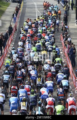 The pack of riders seen during the 50th edition of the Amstel Gold race, 258km from Maastricht to Berg en Terblijt, Netherlands, Sunday 19 April 2015.  Stock Photo