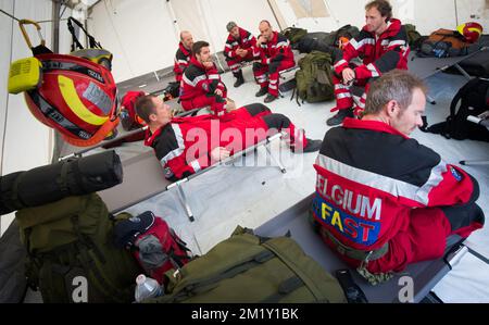 20150430 - GORKHA, NEPAL: B-Fast team waits before an emergency aid mission of the Belgian B-Fast disaster aid team in Gorkha (140 km away from Kathmandu), Nepal, Thursday 30 April 2015. Nepal was hit Saturday 25 April by an earthquake causing massive damage in the capital Kathmandu and avalanches at the Everest base camp. More than 5000 people are confirmed to have died. BELGA PHOTO BENOIT DOPPAGNE Stock Photo